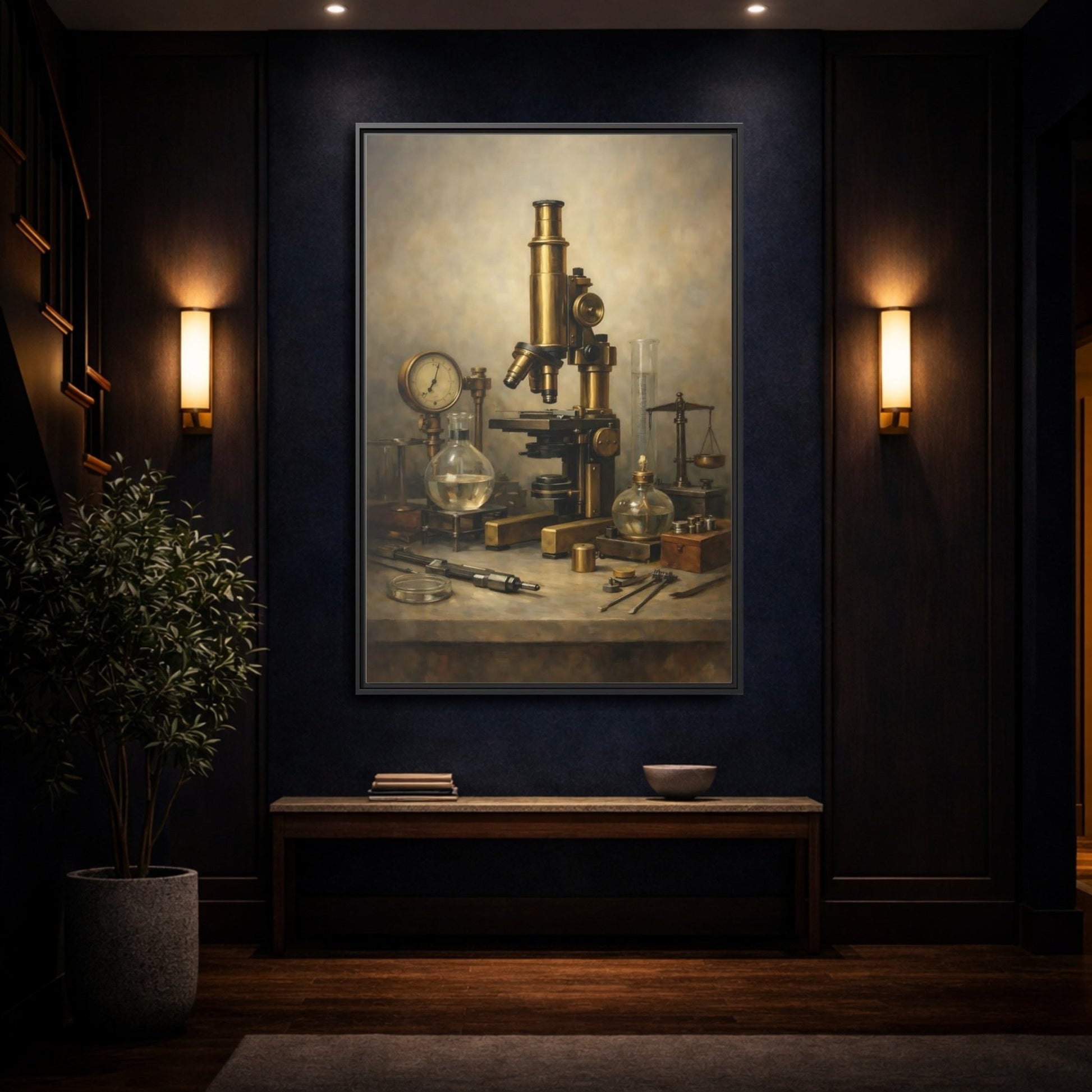 Vintage Microscope Brass And - Framed Canvas Wall Art Print - YesArtYes