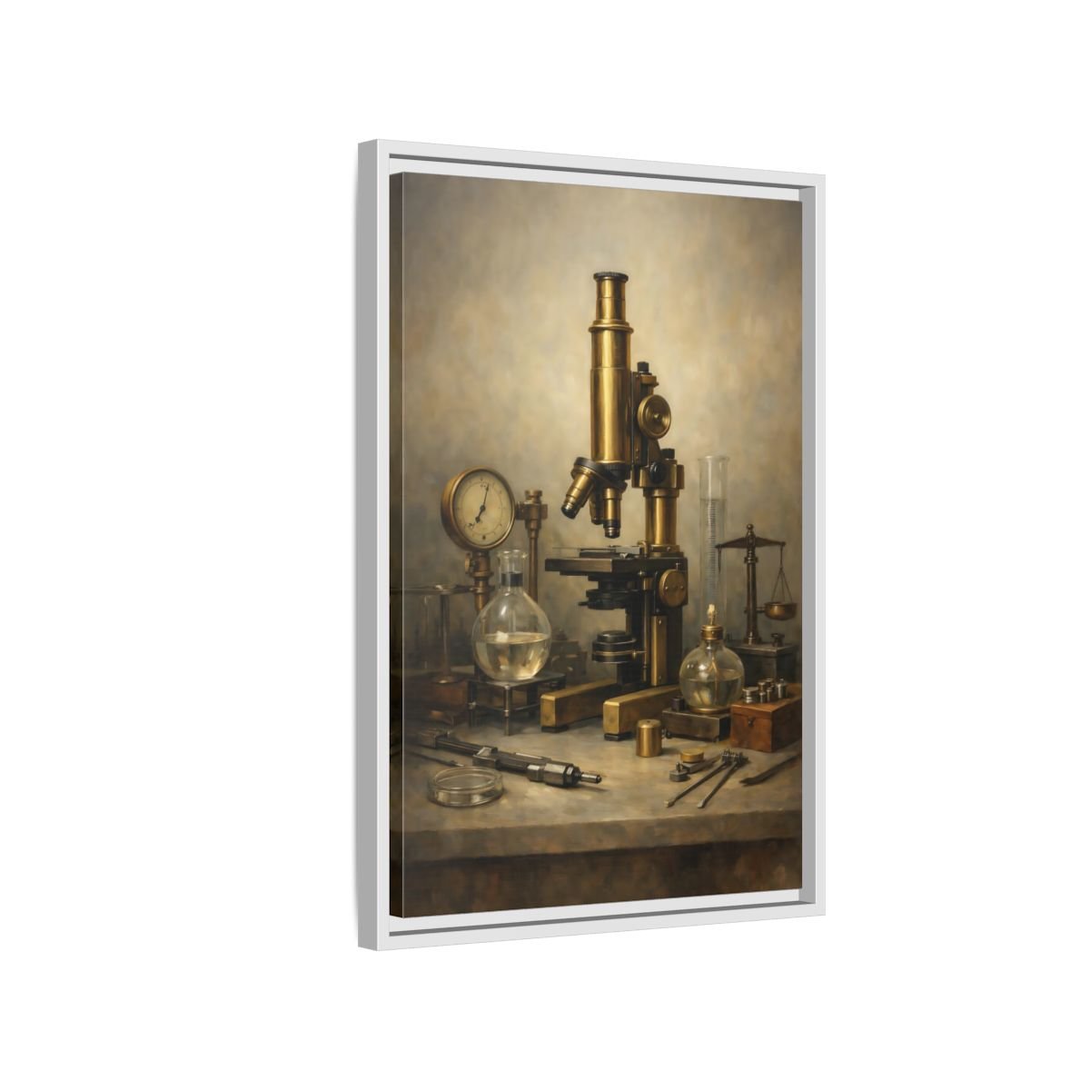 Vintage Microscope Brass And - Framed Canvas Wall Art Print - YesArtYes