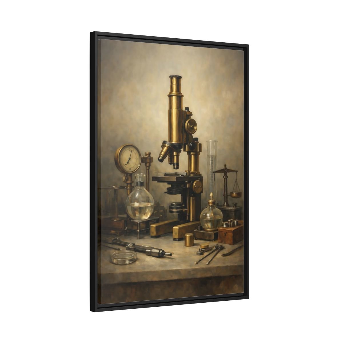 Vintage Microscope Brass And - Framed Canvas Wall Art Print - YesArtYes