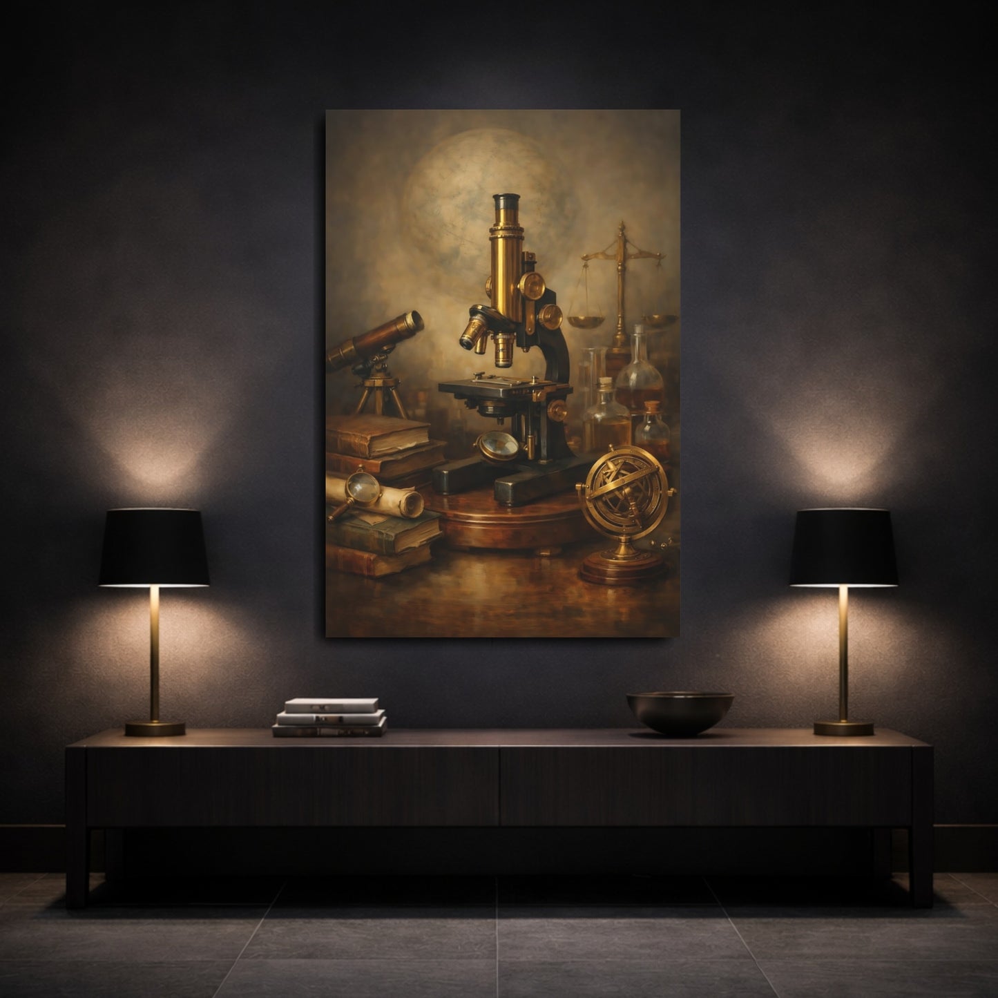 Mockup 2. Vintage Microscope Brown And Gold shown as stretched canvas wall art
