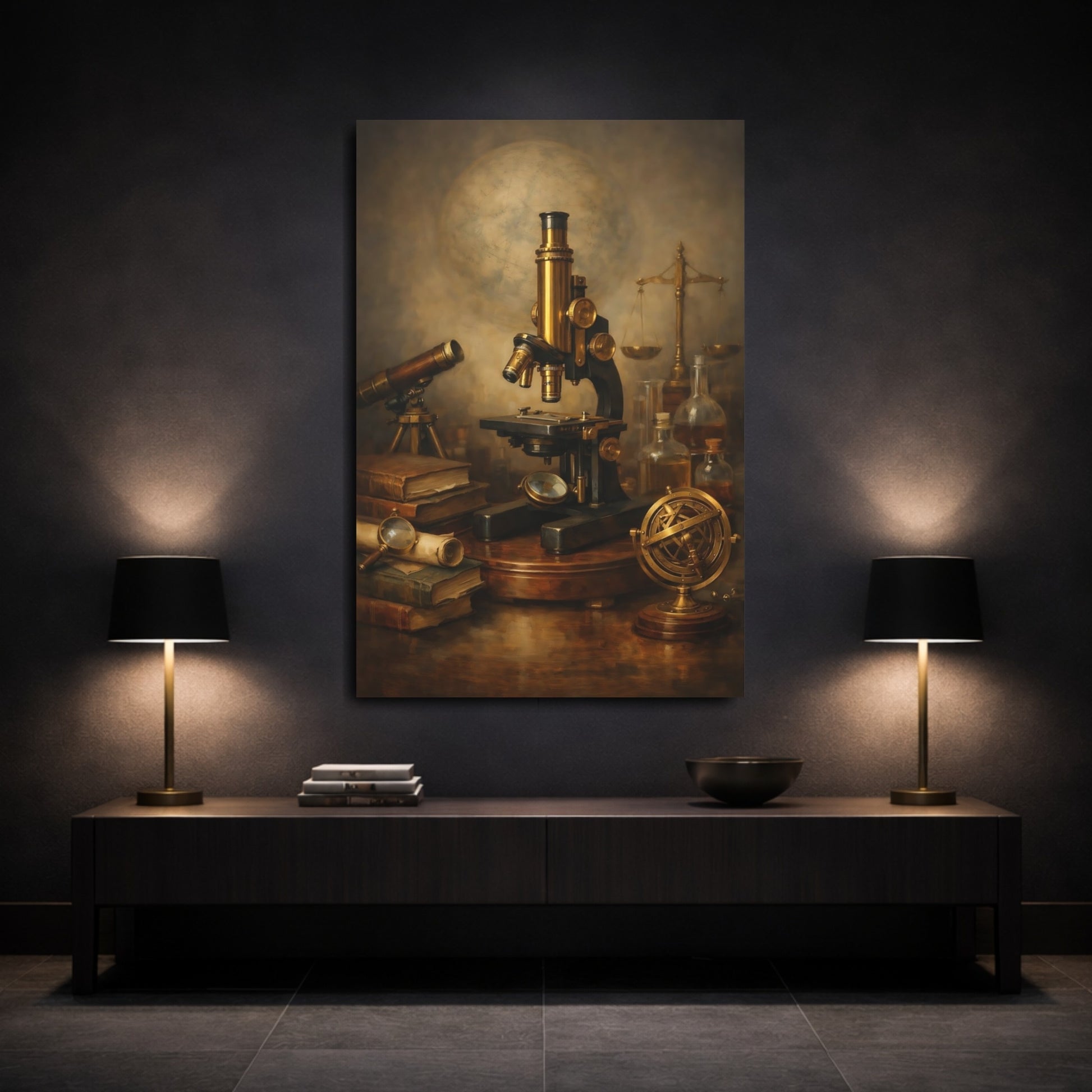 Mockup 2. Vintage Microscope Brown And Gold shown as stretched canvas wall art