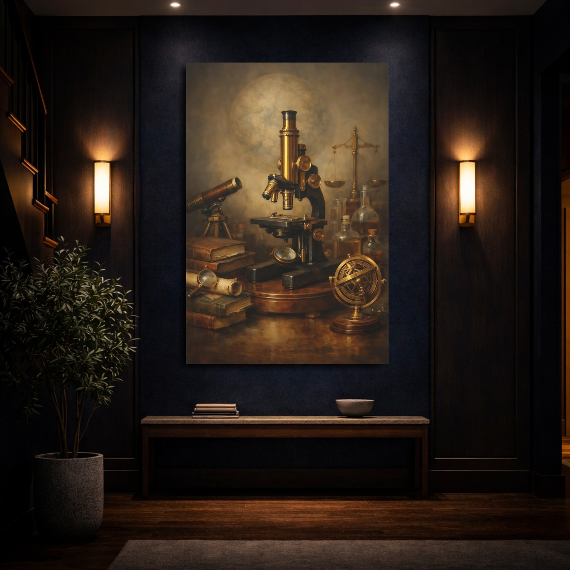 Mockup 3. Vintage Microscope Brown And Gold shown as stretched canvas wall art