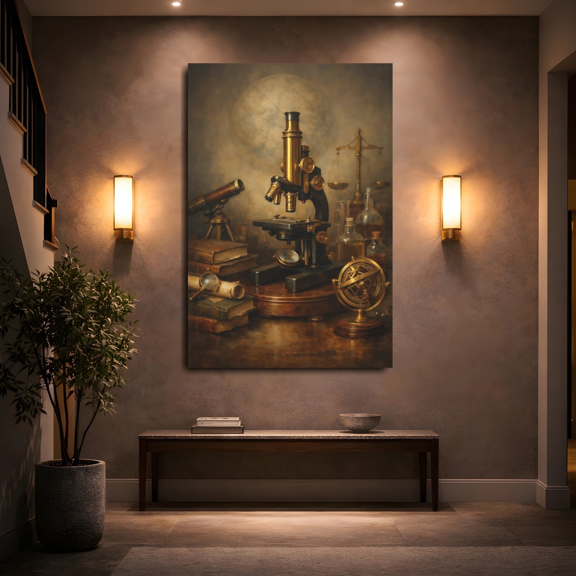 Mockup 4. Vintage Microscope Brown And Gold shown as stretched canvas wall art