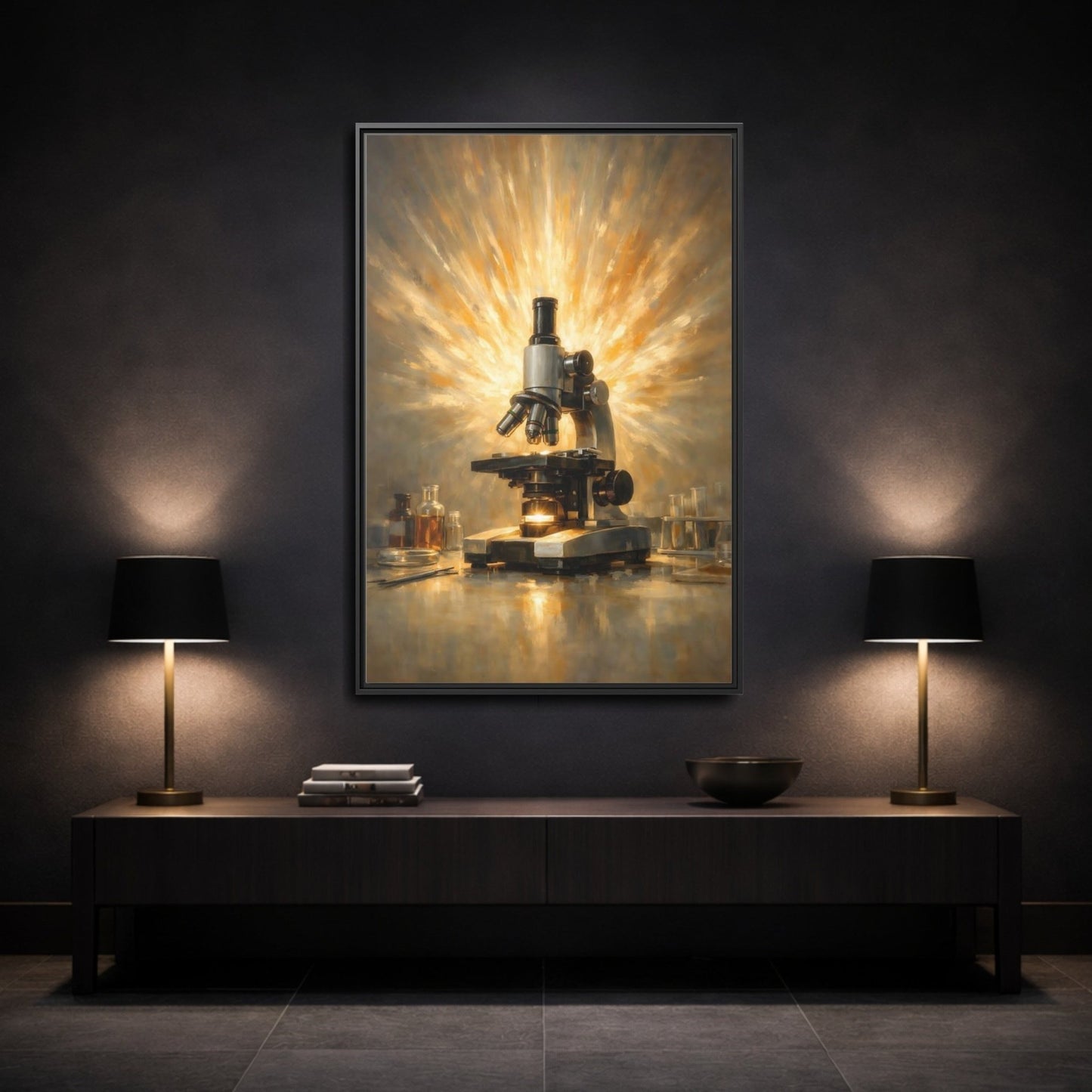 Vintage Microscope Gold And - Framed Canvas Wall Art Print - YesArtYes