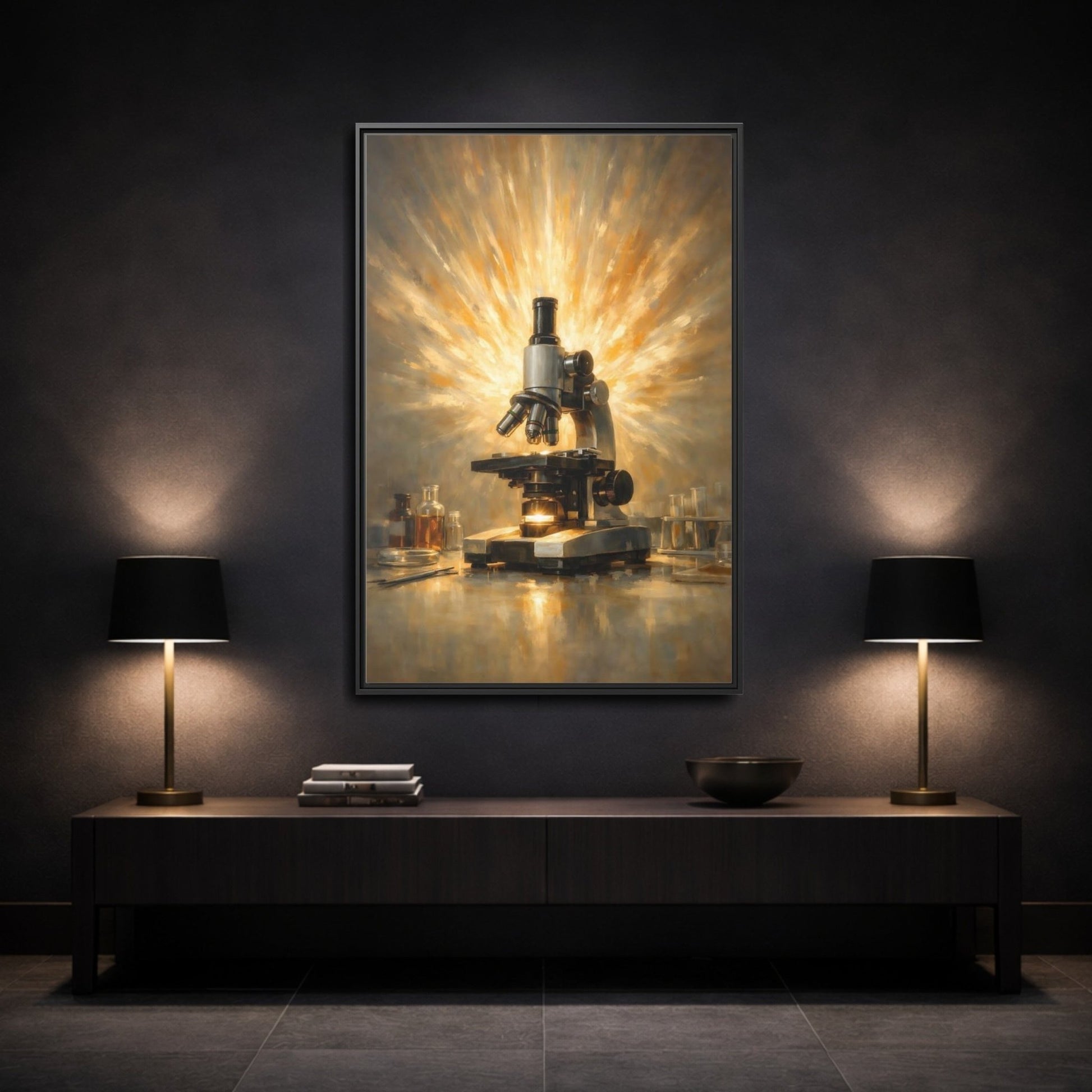 Vintage Microscope Gold And - Framed Canvas Wall Art Print - YesArtYes