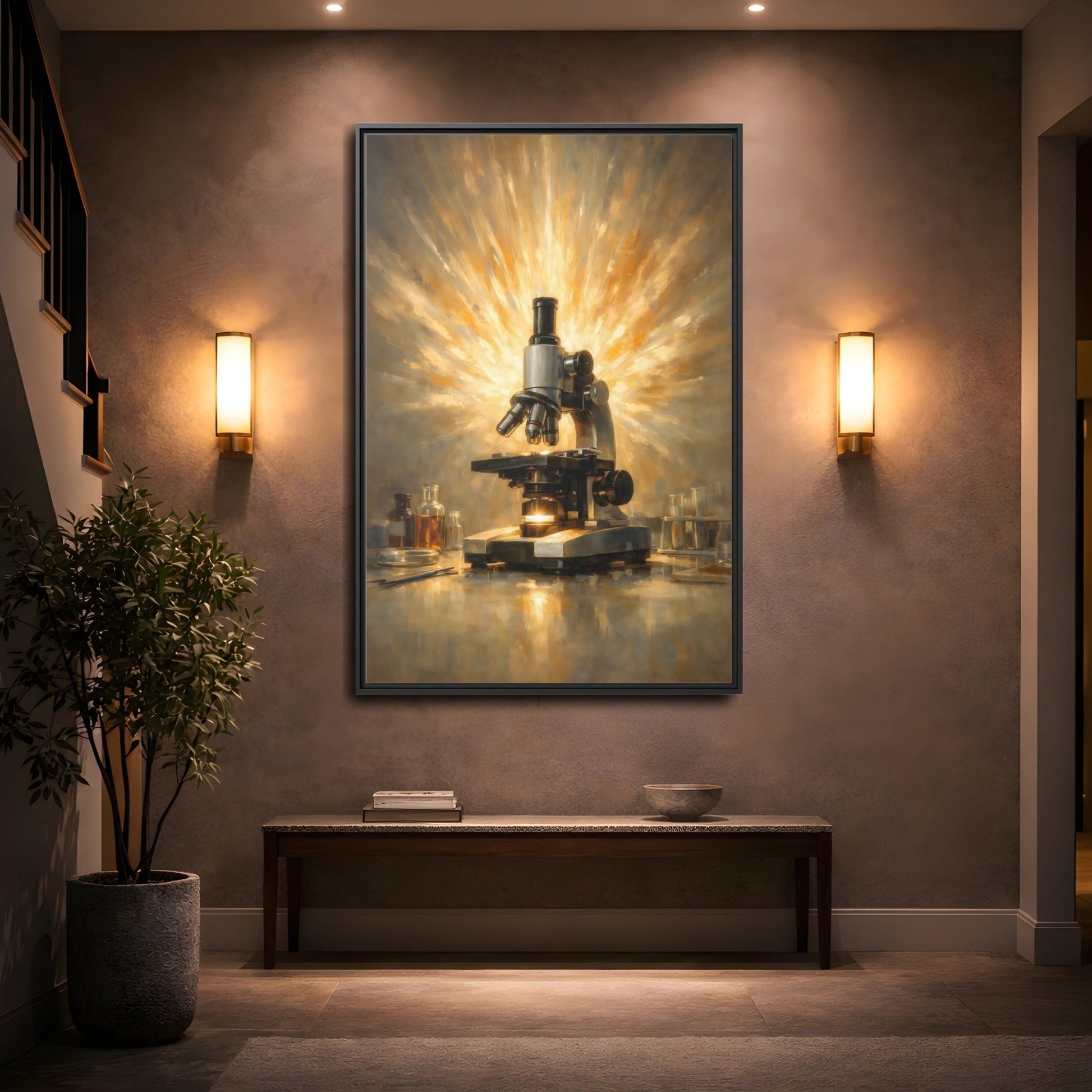 Vintage Microscope Gold And - Framed Canvas Wall Art Print - YesArtYes