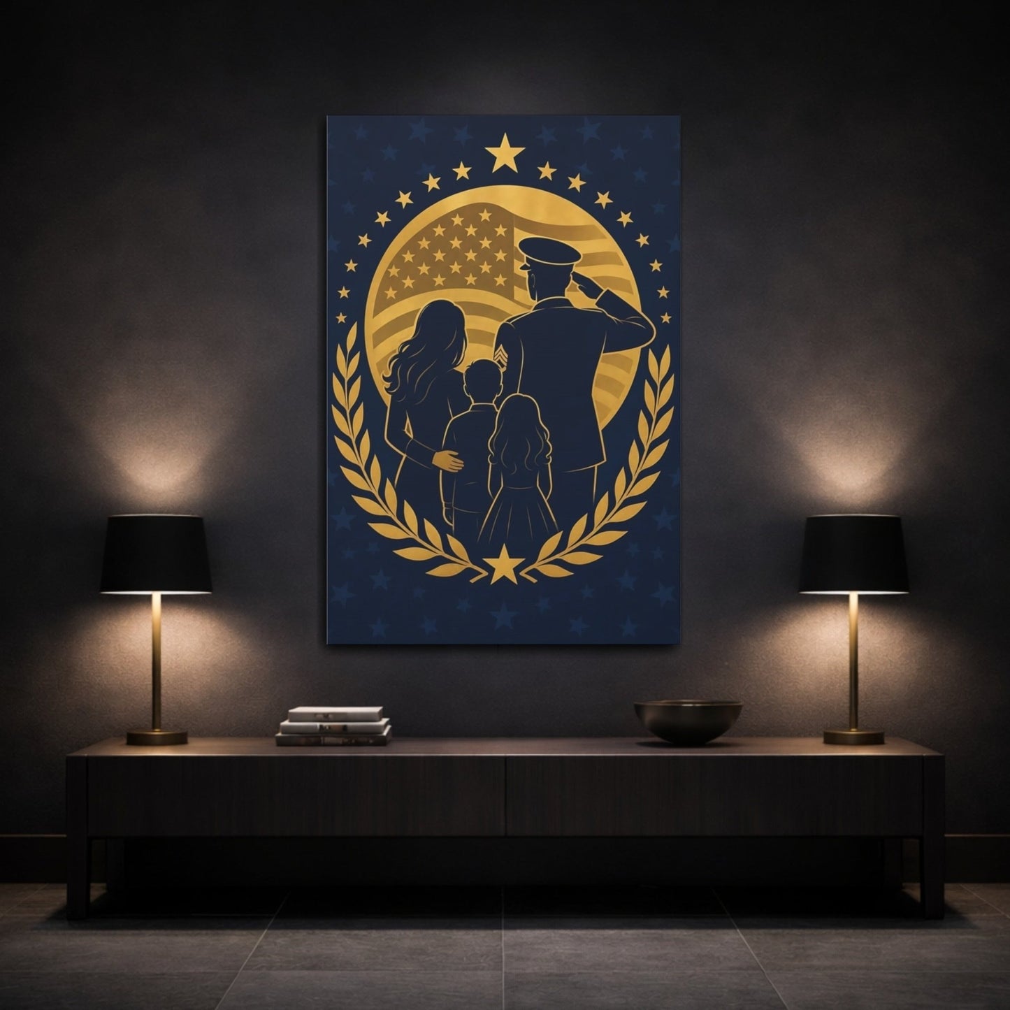 Vintage Military Family Blue And Gold Canvas Print – Graphic Living Room, Above Fireplace - YesArtYes