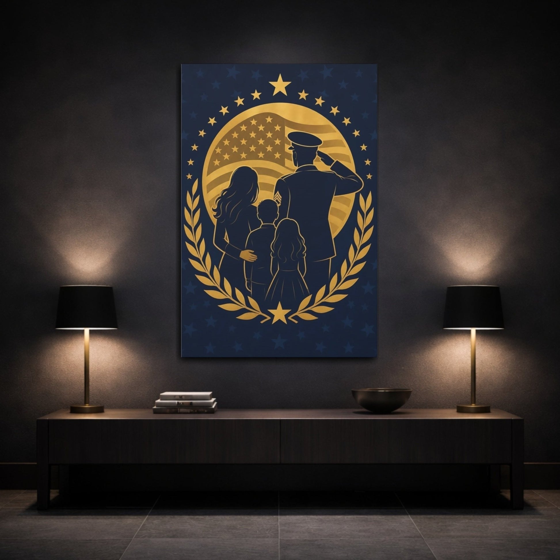 Vintage Military Family Blue And Gold Canvas Print – Graphic Living Room, Above Fireplace - YesArtYes