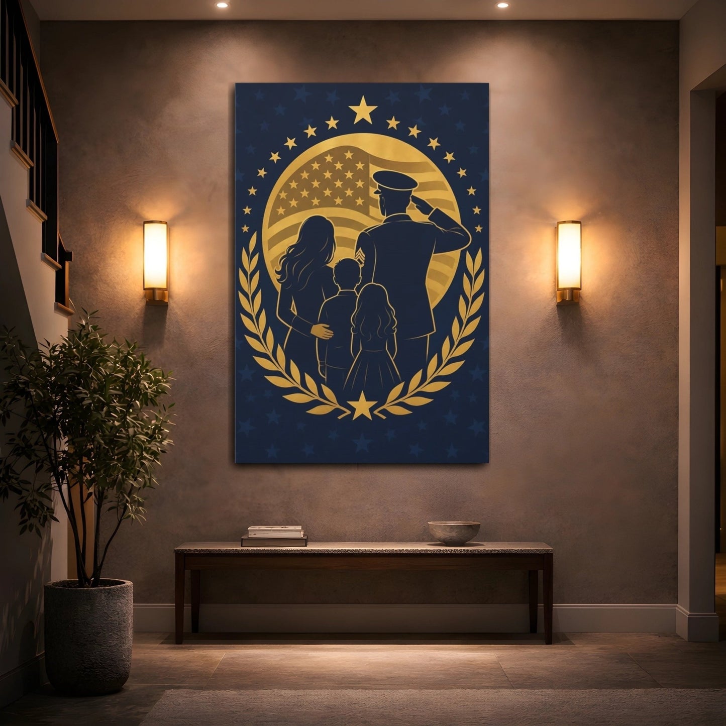 Vintage Military Family Blue And Gold Canvas Print – Graphic Living Room, Above Fireplace - YesArtYes