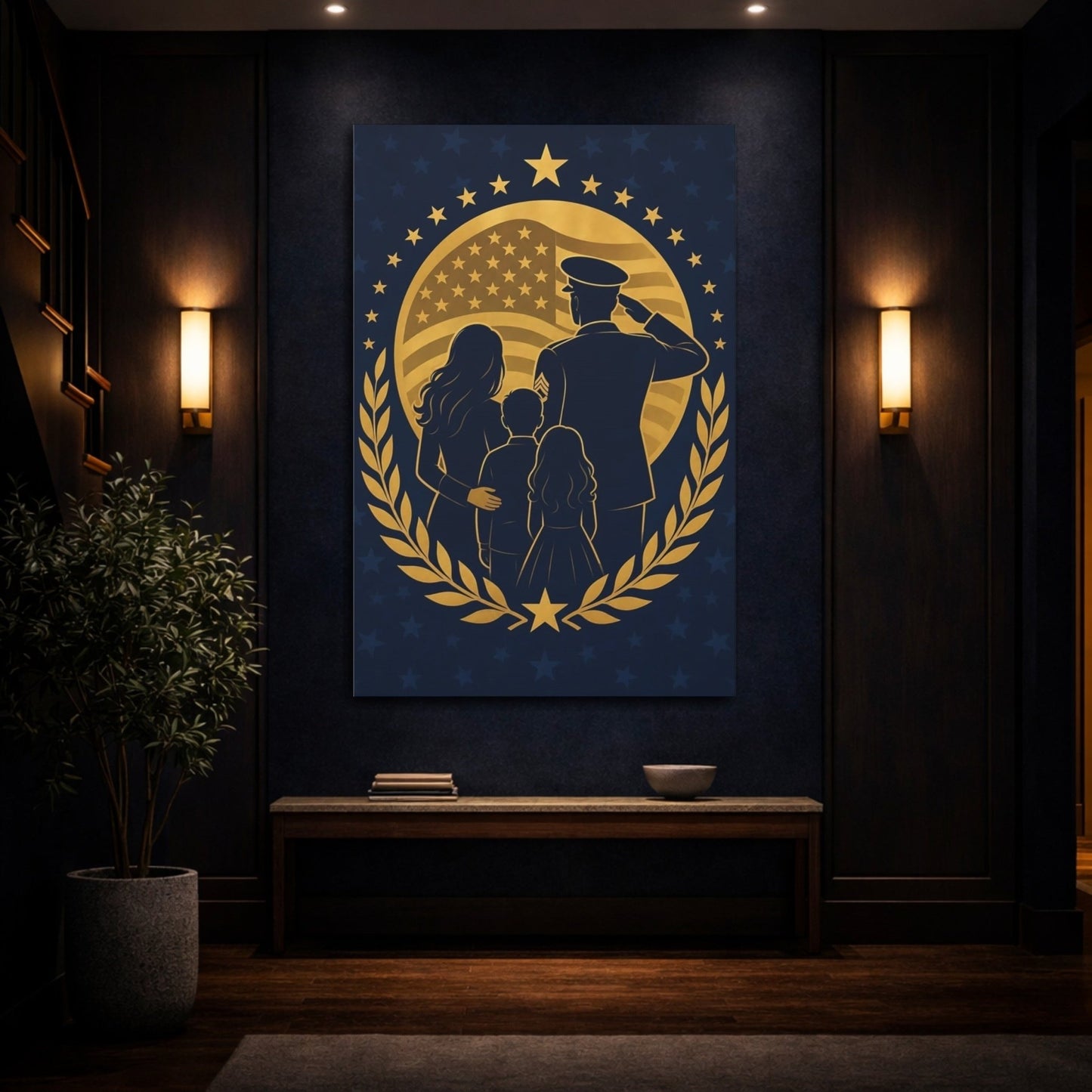 Vintage Military Family Blue And Gold Canvas Print – Graphic Living Room, Above Fireplace - YesArtYes