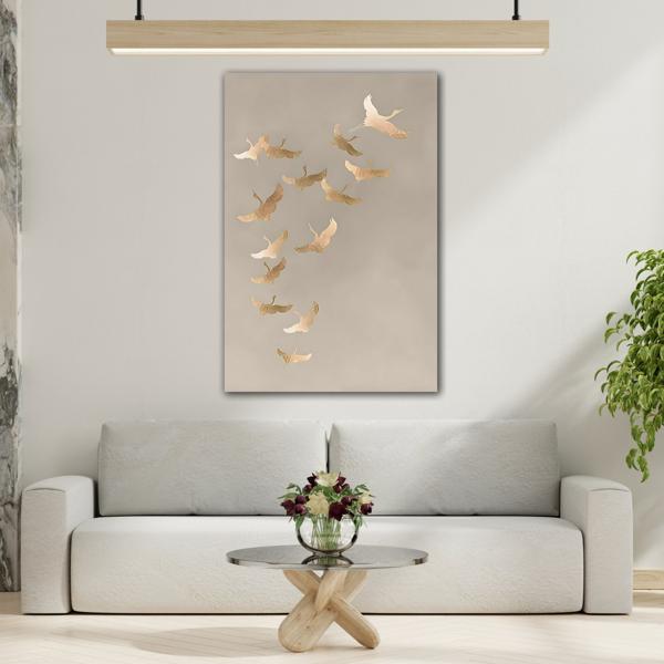 Vintage Minimalist Flock of Cranes Canvas Print - Japanese Asian Bird Beige Gold Wall Art - YesArtYes