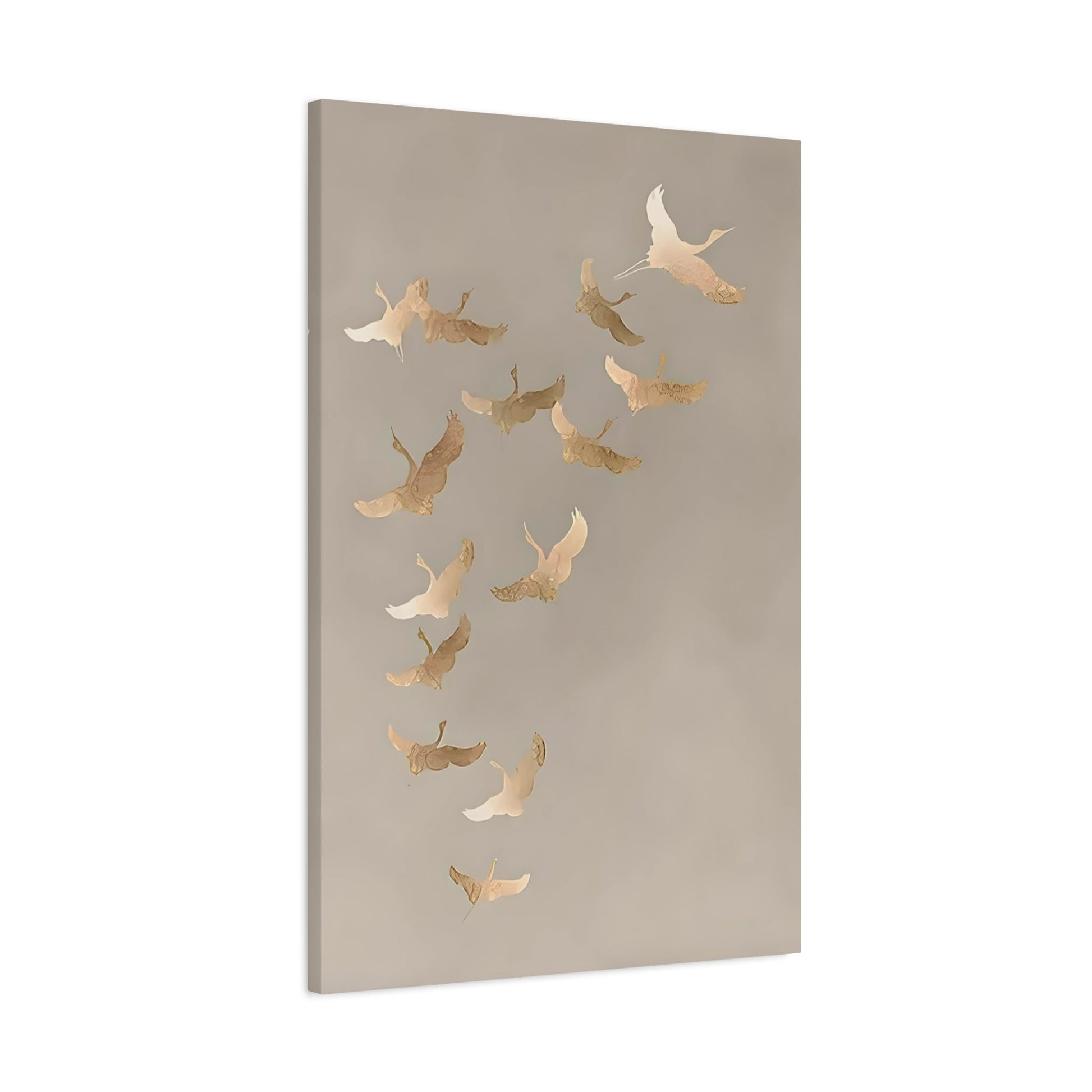Vintage Minimalist Flock of Cranes Canvas Print - Japanese Asian Bird Beige Gold Wall Art - YesArtYes