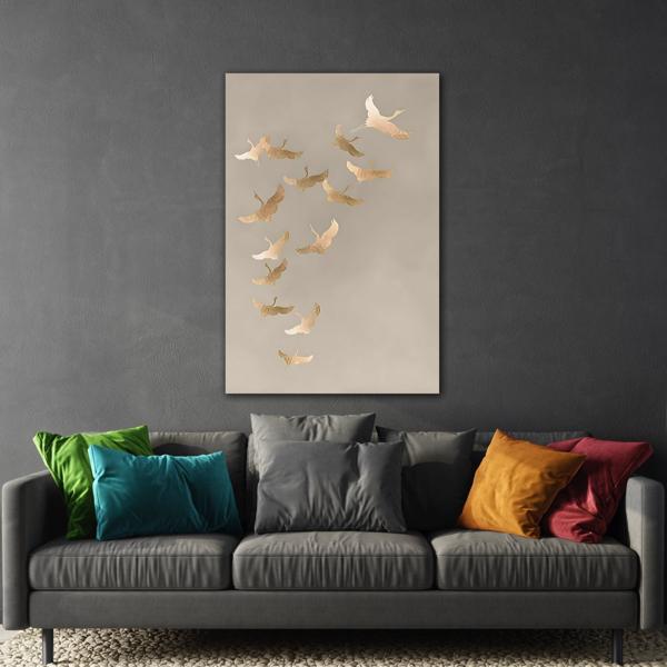Vintage Minimalist Flock of Cranes Canvas Print - Japanese Asian Bird Beige Gold Wall Art - YesArtYes