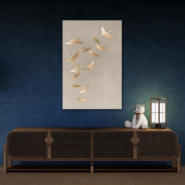 Vintage Minimalist Flock of Cranes Canvas Print - Japanese Asian Bird Beige Gold Wall Art - YesArtYes