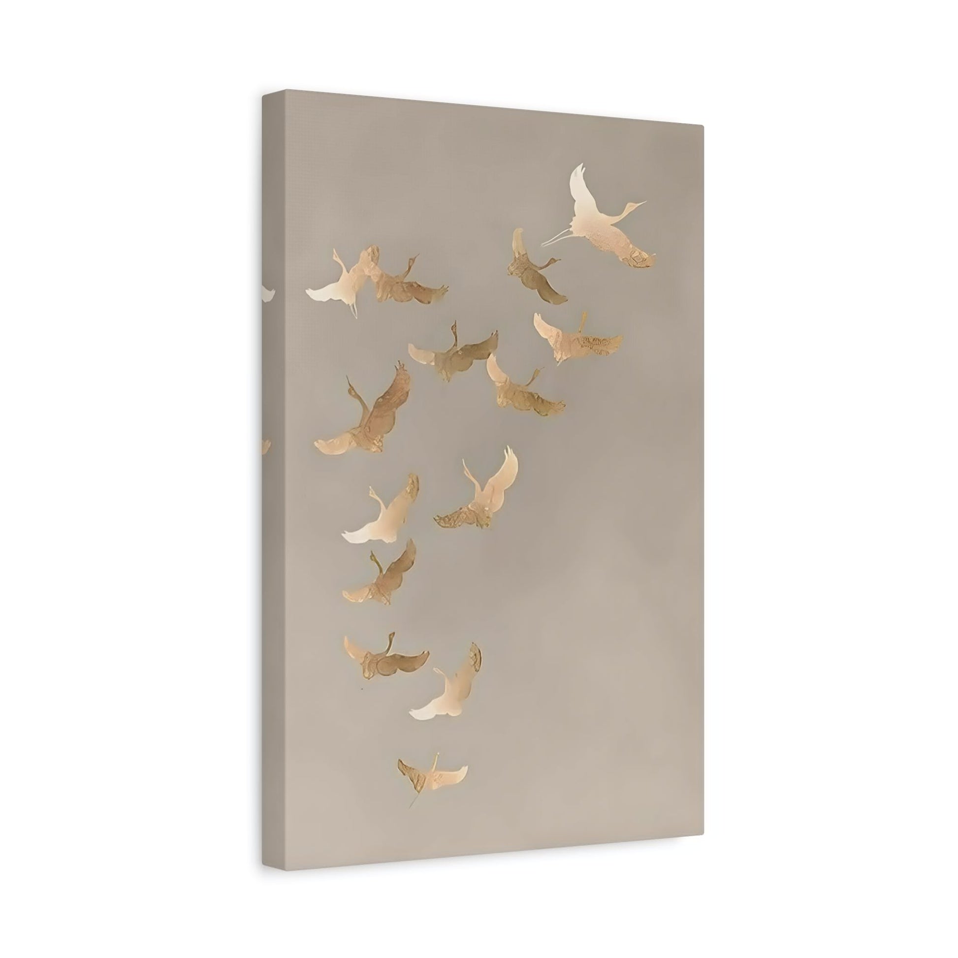 Vintage Minimalist Flock of Cranes Canvas Print - Japanese Asian Bird Beige Gold Wall Art - YesArtYes