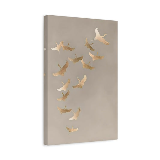 Vintage Minimalist Flock of Cranes Canvas Print - Japanese Asian Bird Beige Gold Wall Art - YesArtYes