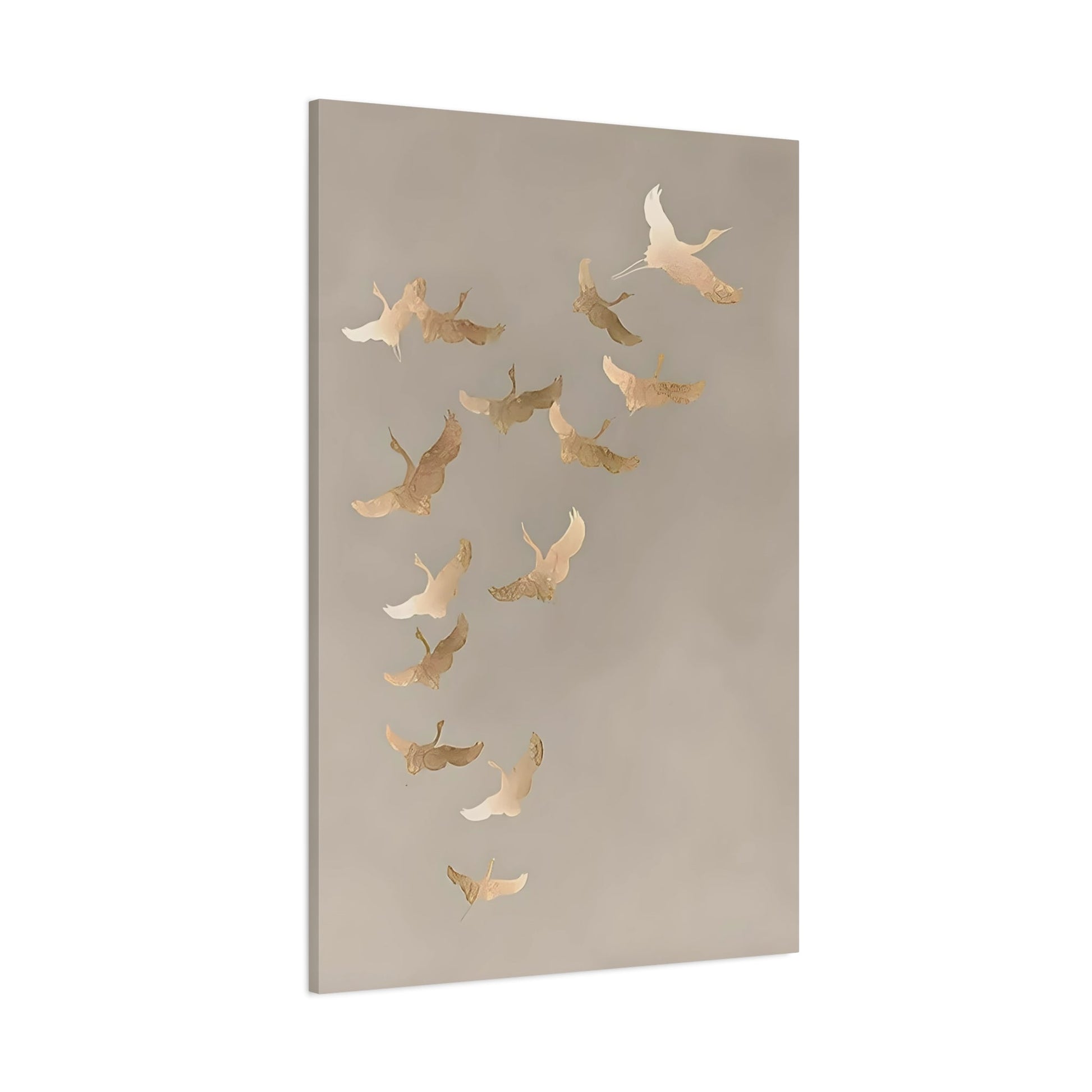 Vintage Minimalist Flock of Cranes Canvas Print - Japanese Asian Bird Beige Gold Wall Art - YesArtYes