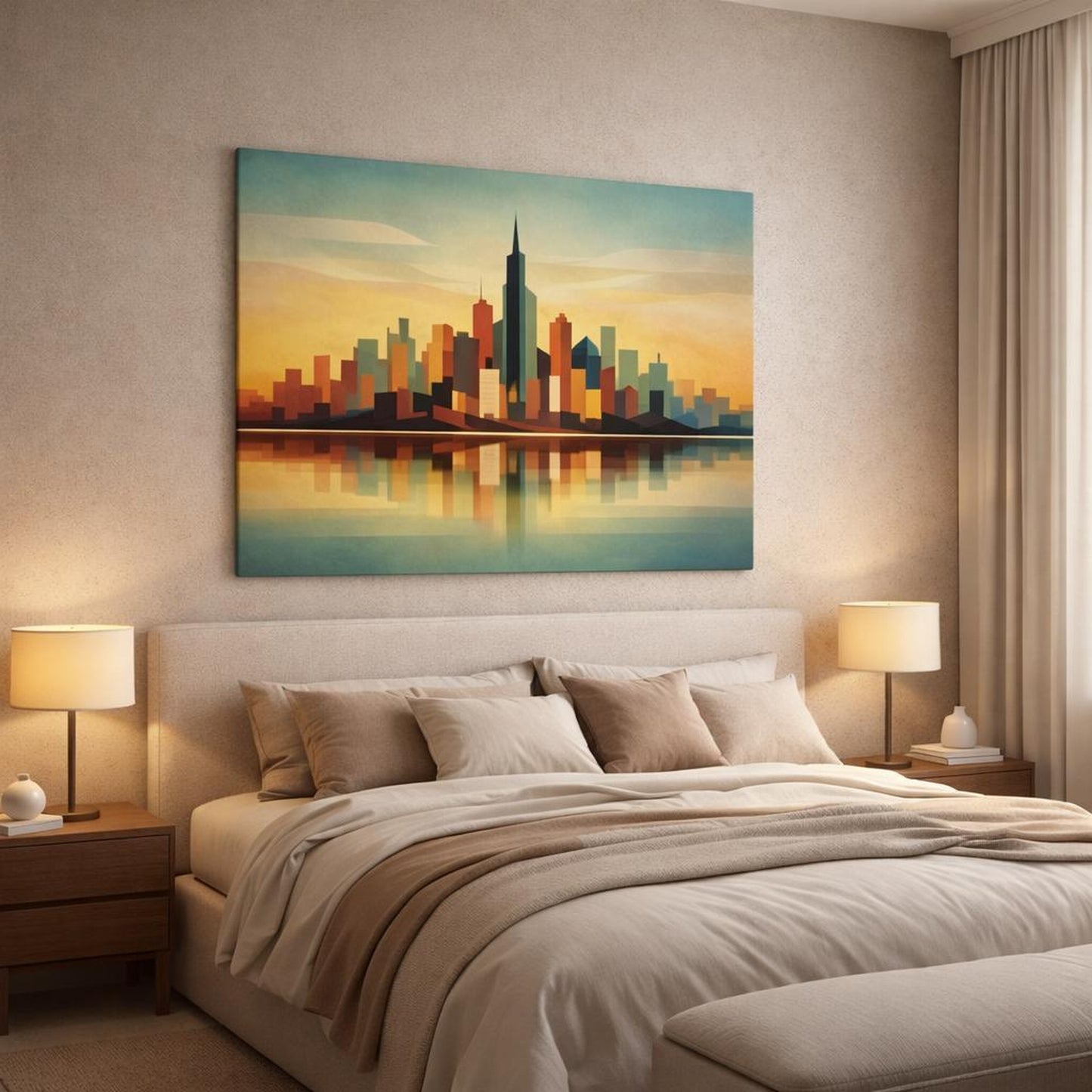 Vintage Modern Abstract Skyline shown as canvas wall art in a luxury bedroom