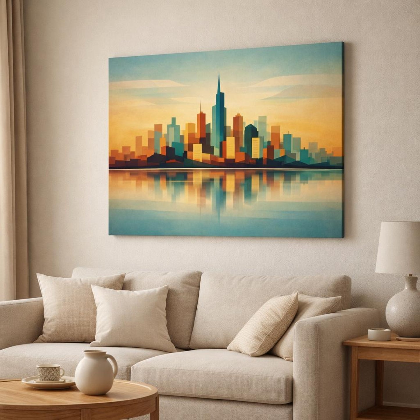 Vintage Modern Abstract Skyline shown as canvas wall art in a modern living room