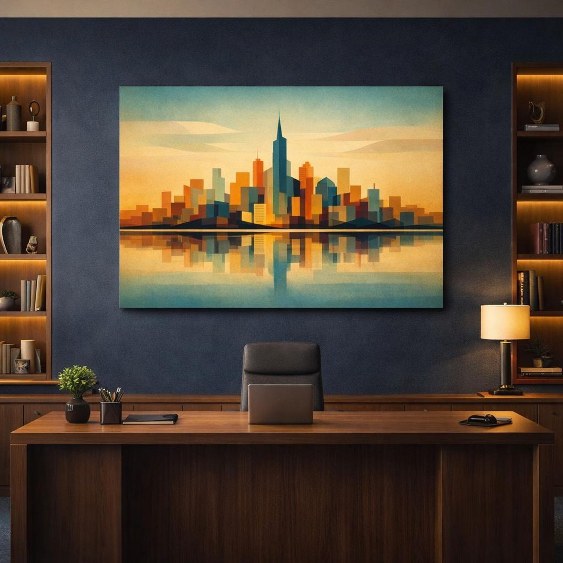 Vintage Modern Abstract Skyline shown as canvas wall art in a luxury executive office