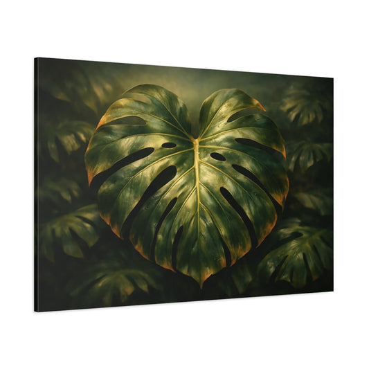 Main Mockup. Vintage Monstera Leaf shown as stretched canvas wall art