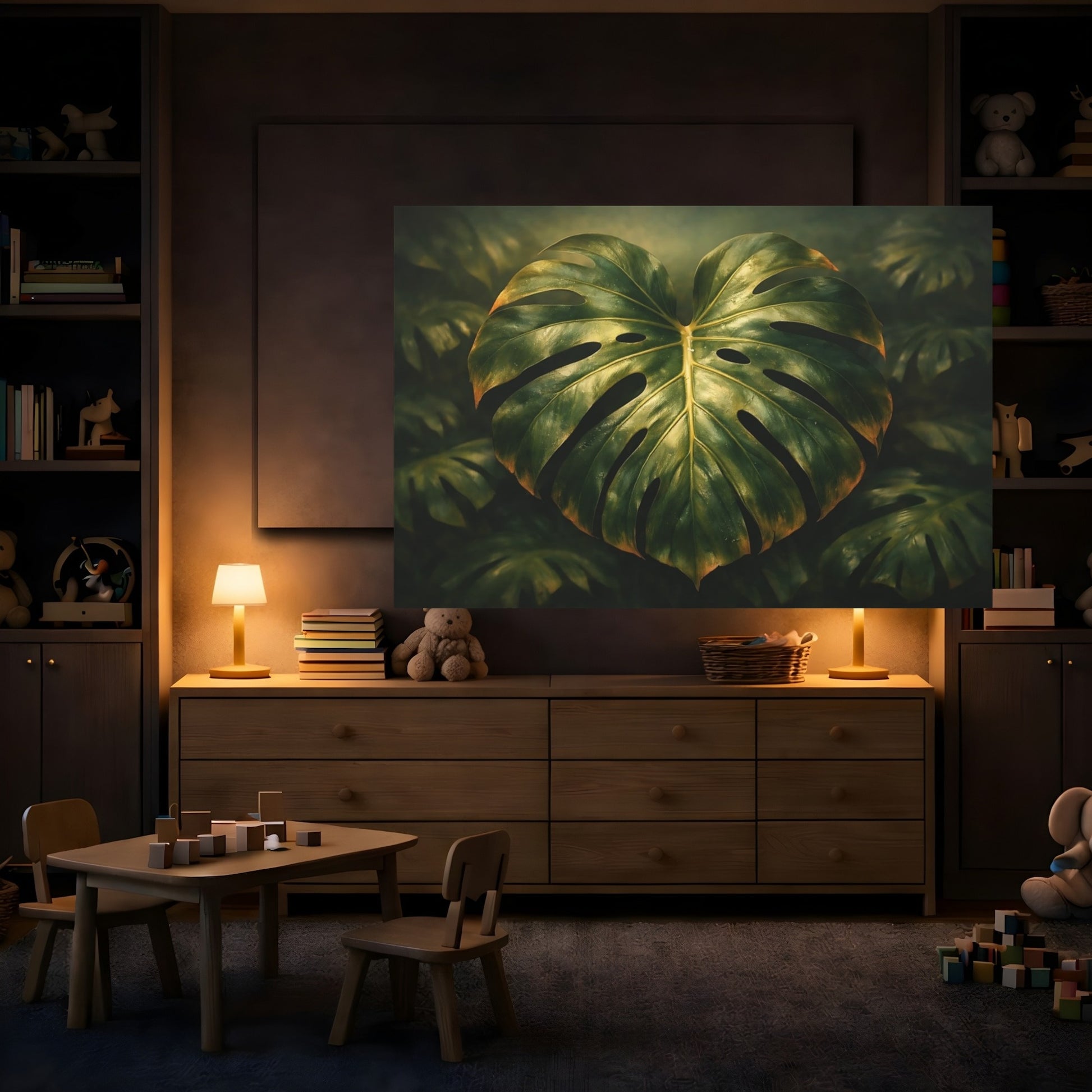 Mockup 3. Vintage Monstera Leaf shown as stretched canvas wall art