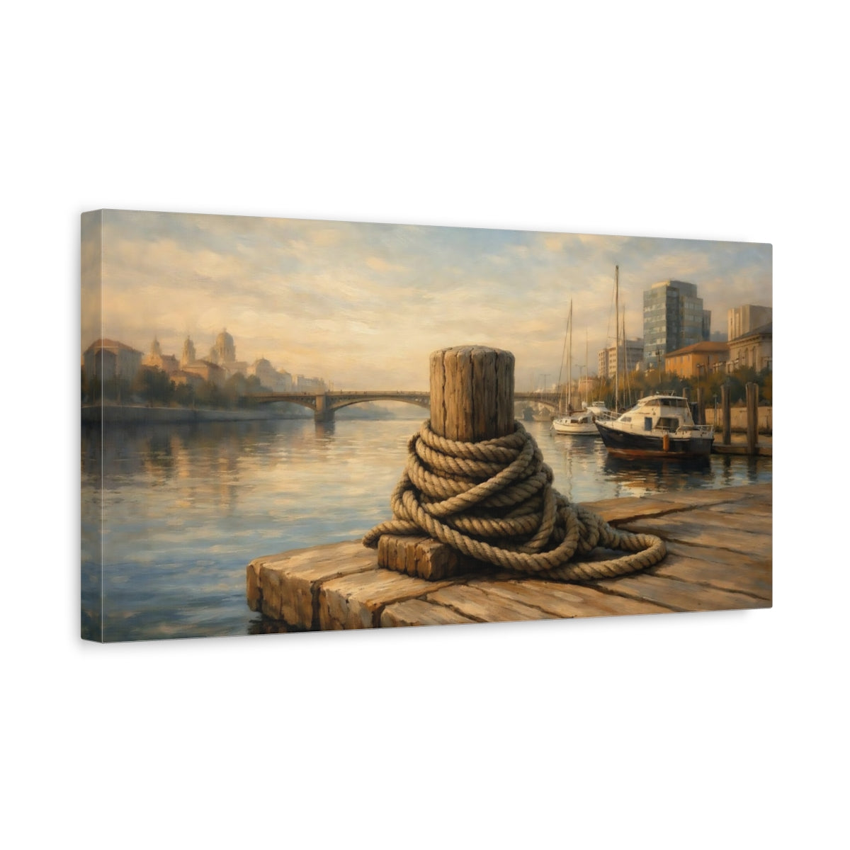Side Mockup 3. Vintage Mooring Post Brown And Blue shown as stretched canvas wall art