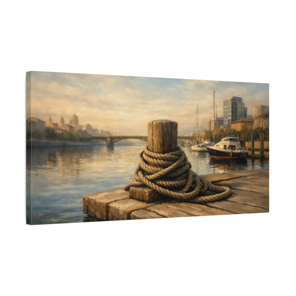 Side Mockup 2. Vintage Mooring Post Brown And Blue shown as stretched canvas wall art
