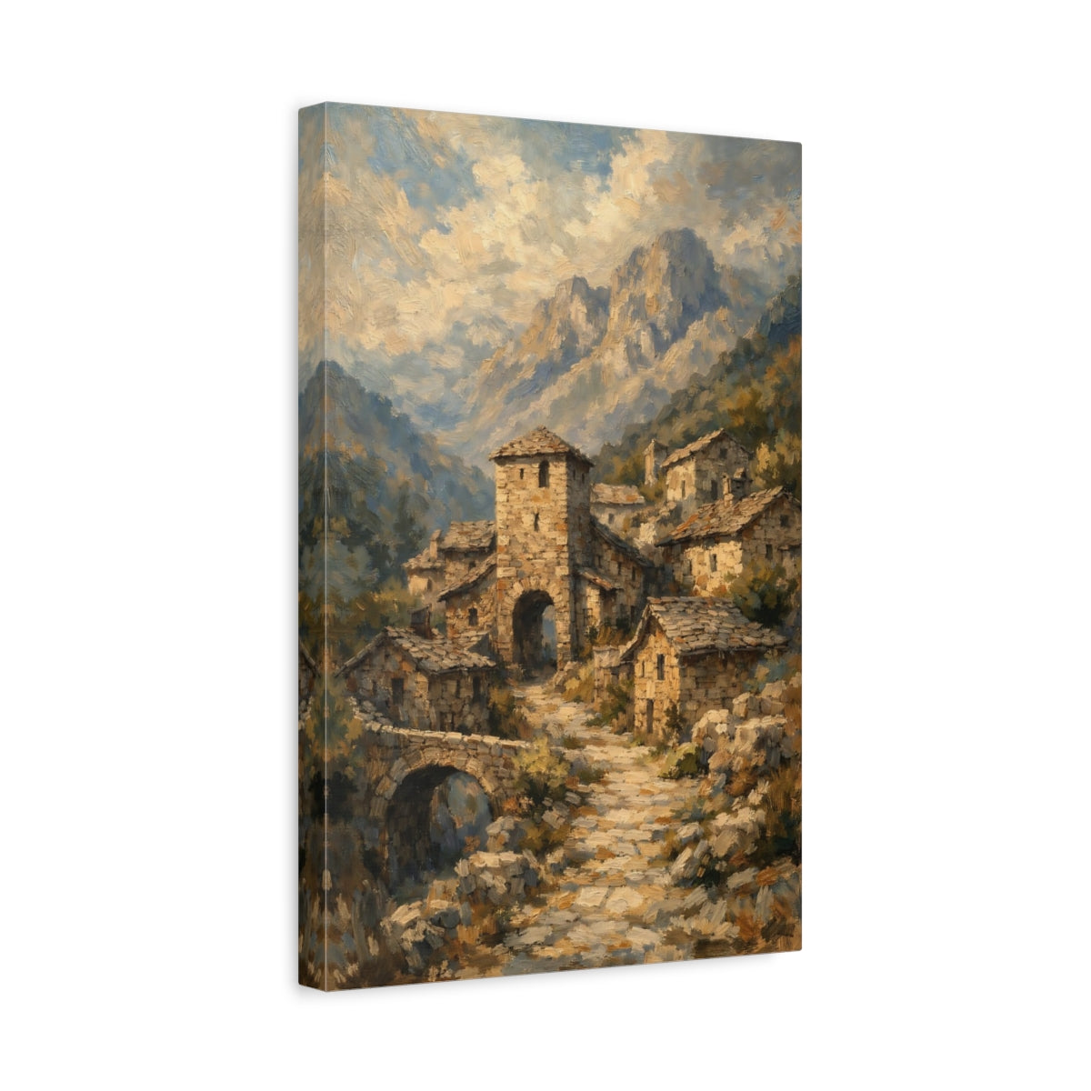 Side Mockup 4. Vintage Mountain Village Earthy Mountain Village shown as stretched canvas wall art