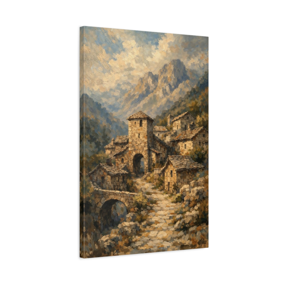 Side Mockup 2. Vintage Mountain Village Earthy Mountain Village shown as stretched canvas wall art