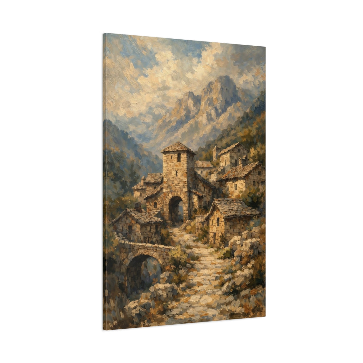 Main Mockup. Vintage Mountain Village Earthy Mountain Village shown as stretched canvas wall art