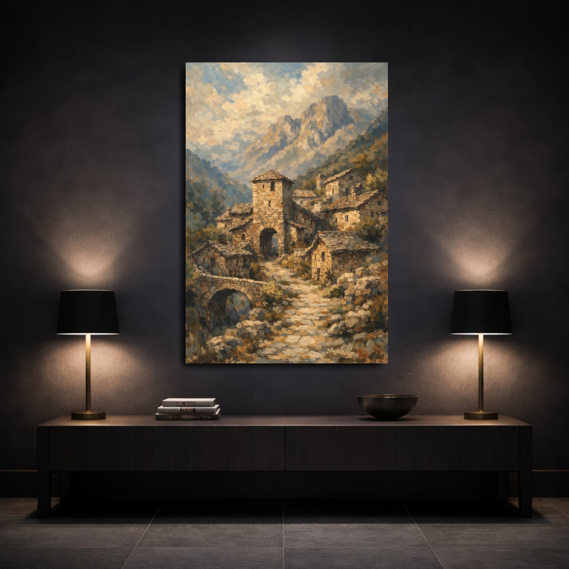Mockup 2. Vintage Mountain Village Earthy Mountain Village shown as stretched canvas wall art
