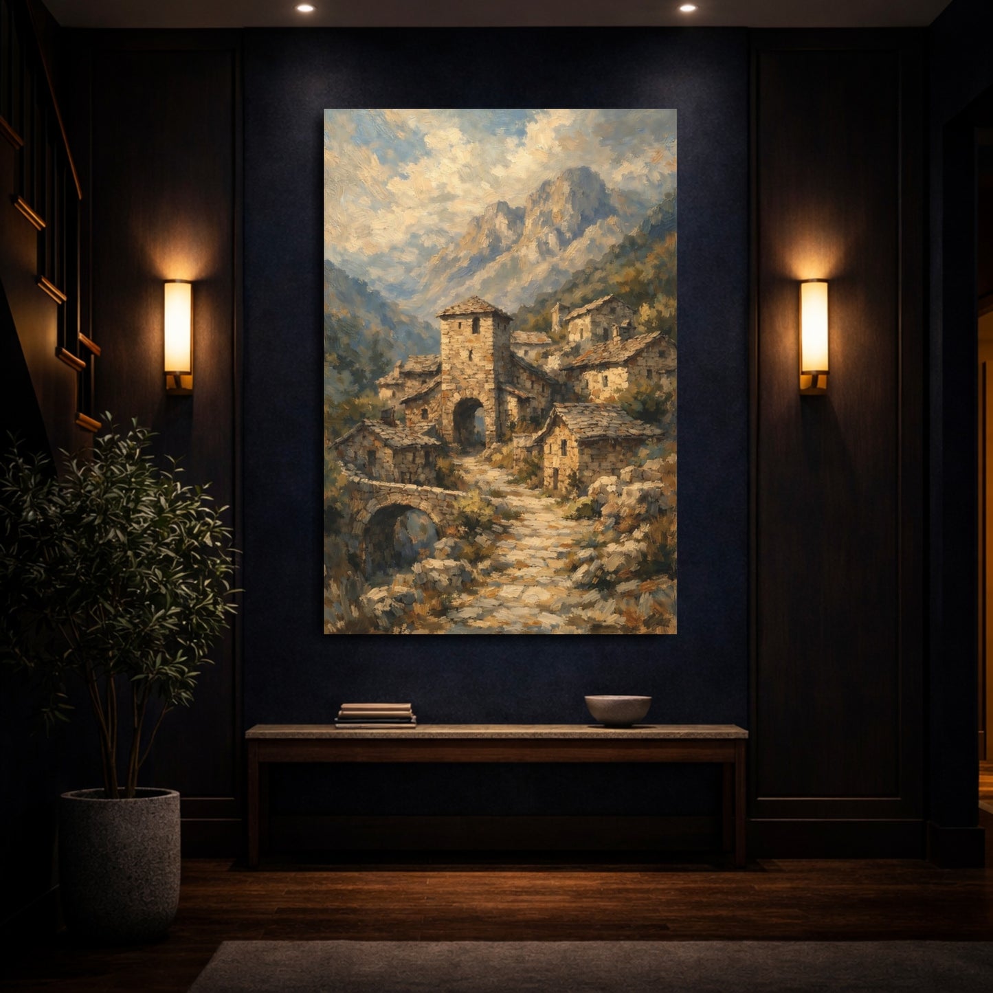 Mockup 3. Vintage Mountain Village Earthy Mountain Village shown as stretched canvas wall art
