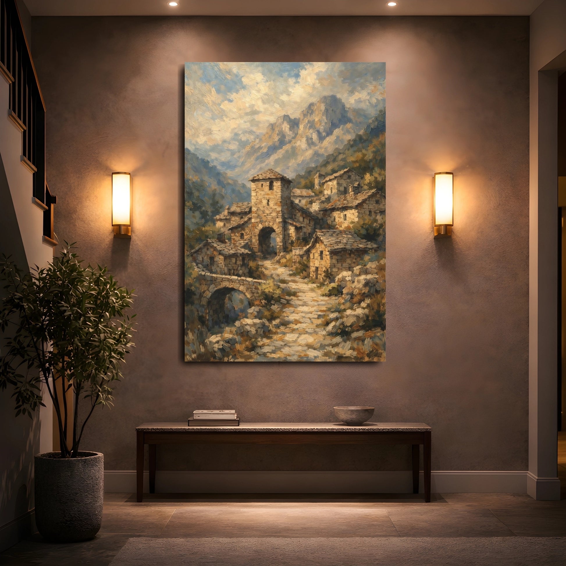 Mockup 4. Vintage Mountain Village Earthy Mountain Village shown as stretched canvas wall art