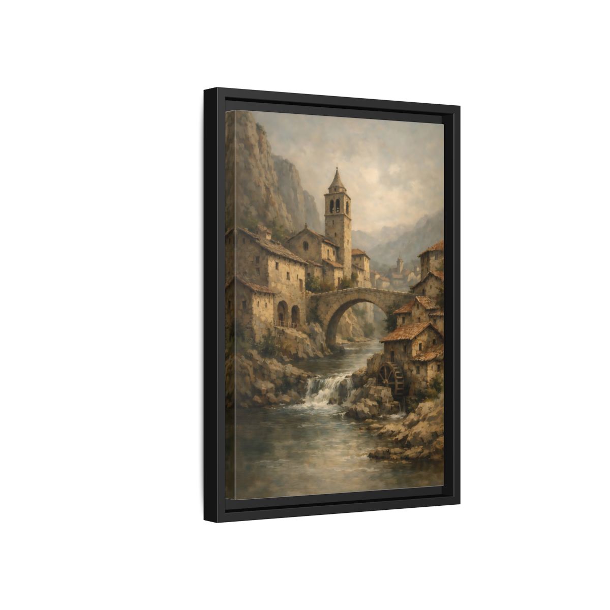 Side Mockup 6. Vintage Mountain Village Rustic Village shown as stretched canvas wall art