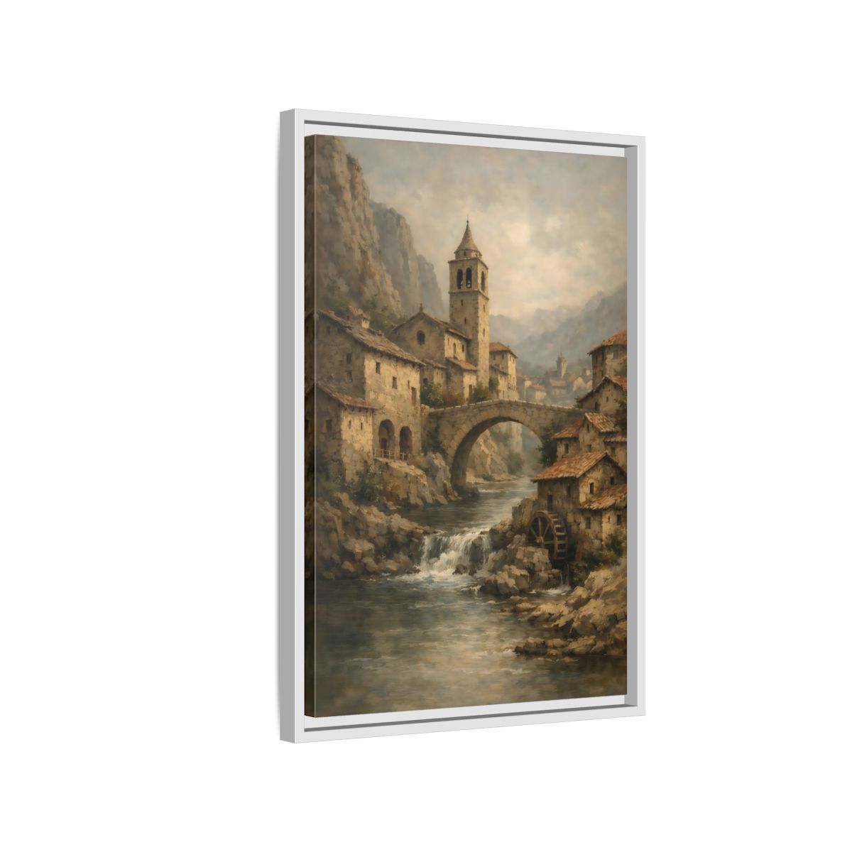 Side Mockup 1. Vintage Mountain Village Rustic Village shown as stretched canvas wall art