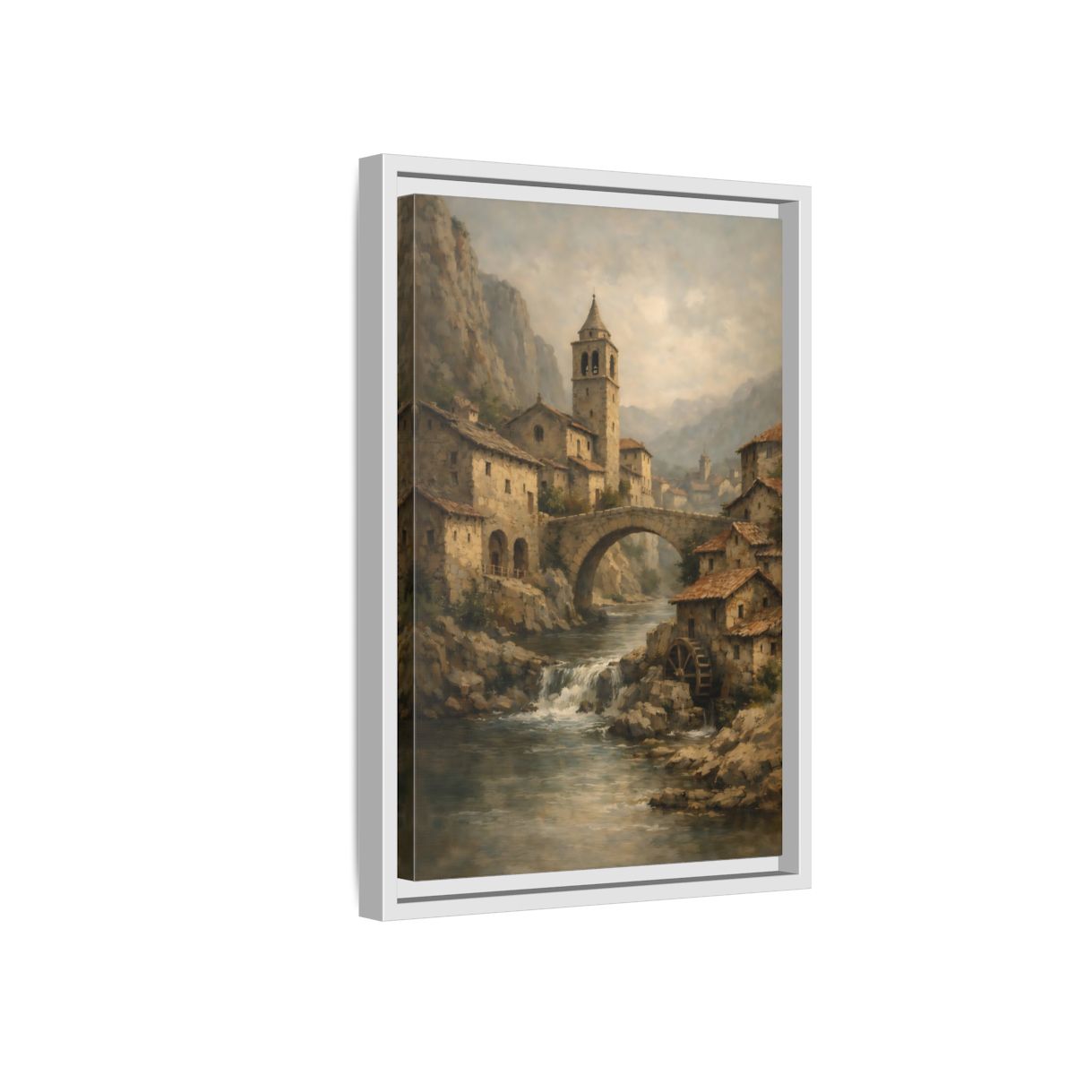 Side Mockup 4. Vintage Mountain Village Rustic Village shown as stretched canvas wall art