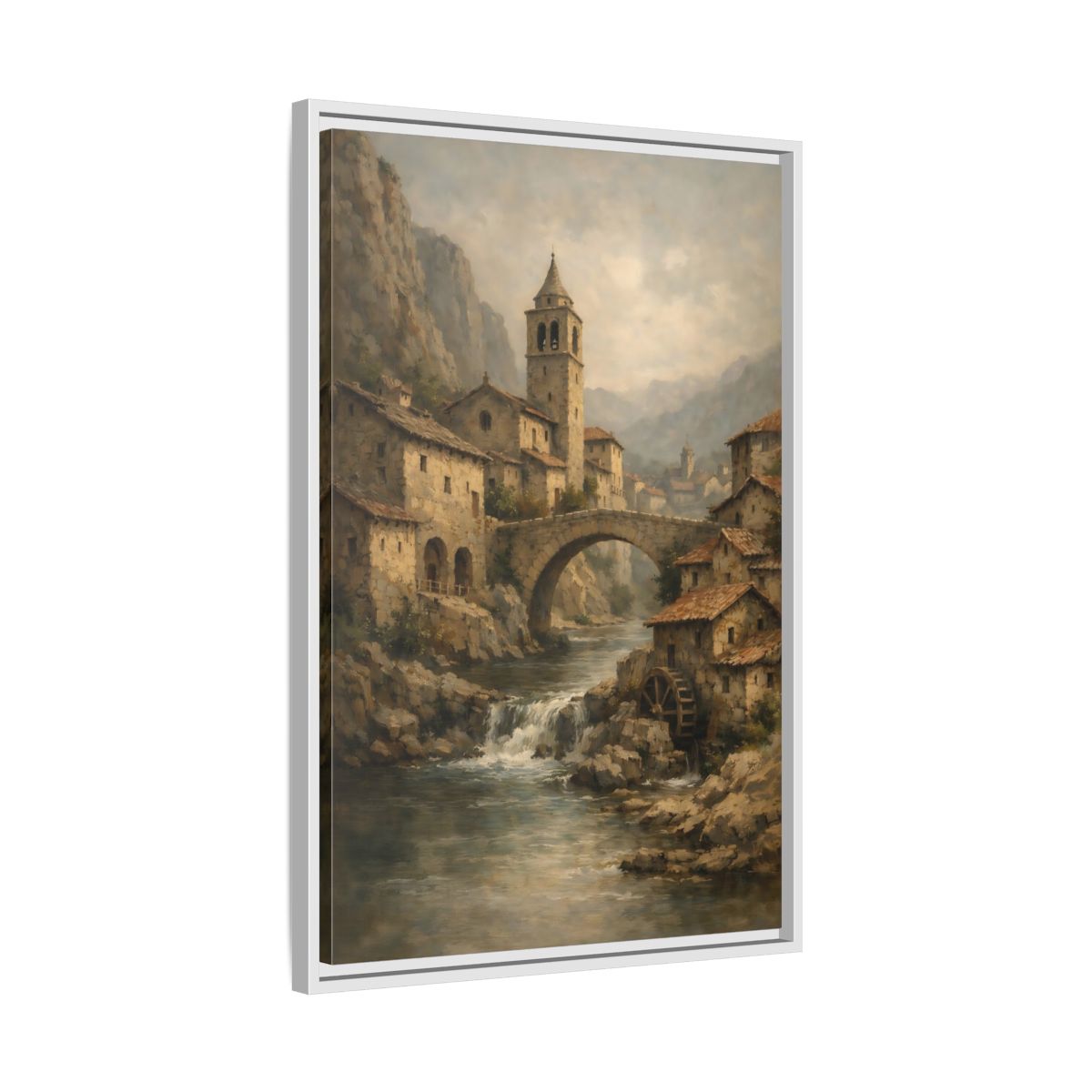 Side Mockup 11. Vintage Mountain Village Rustic Village shown as stretched canvas wall art