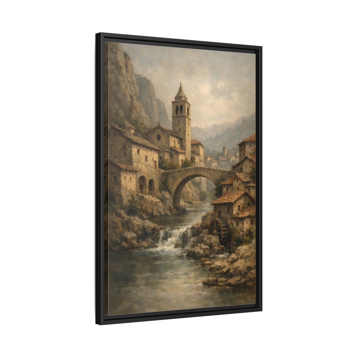 Side Mockup 14. Vintage Mountain Village Rustic Village shown as stretched canvas wall art