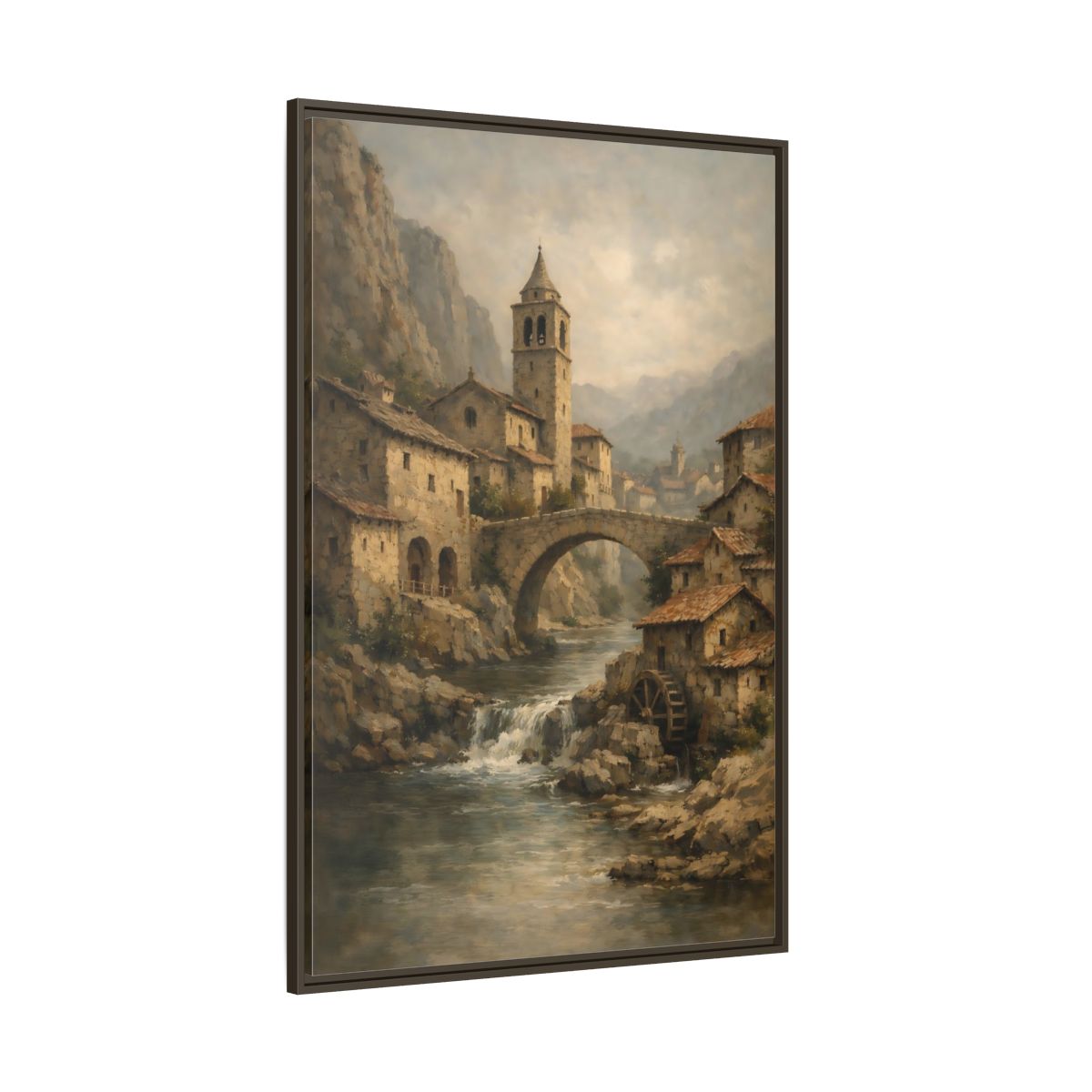 Side Mockup 8. Vintage Mountain Village Rustic Village shown as stretched canvas wall art