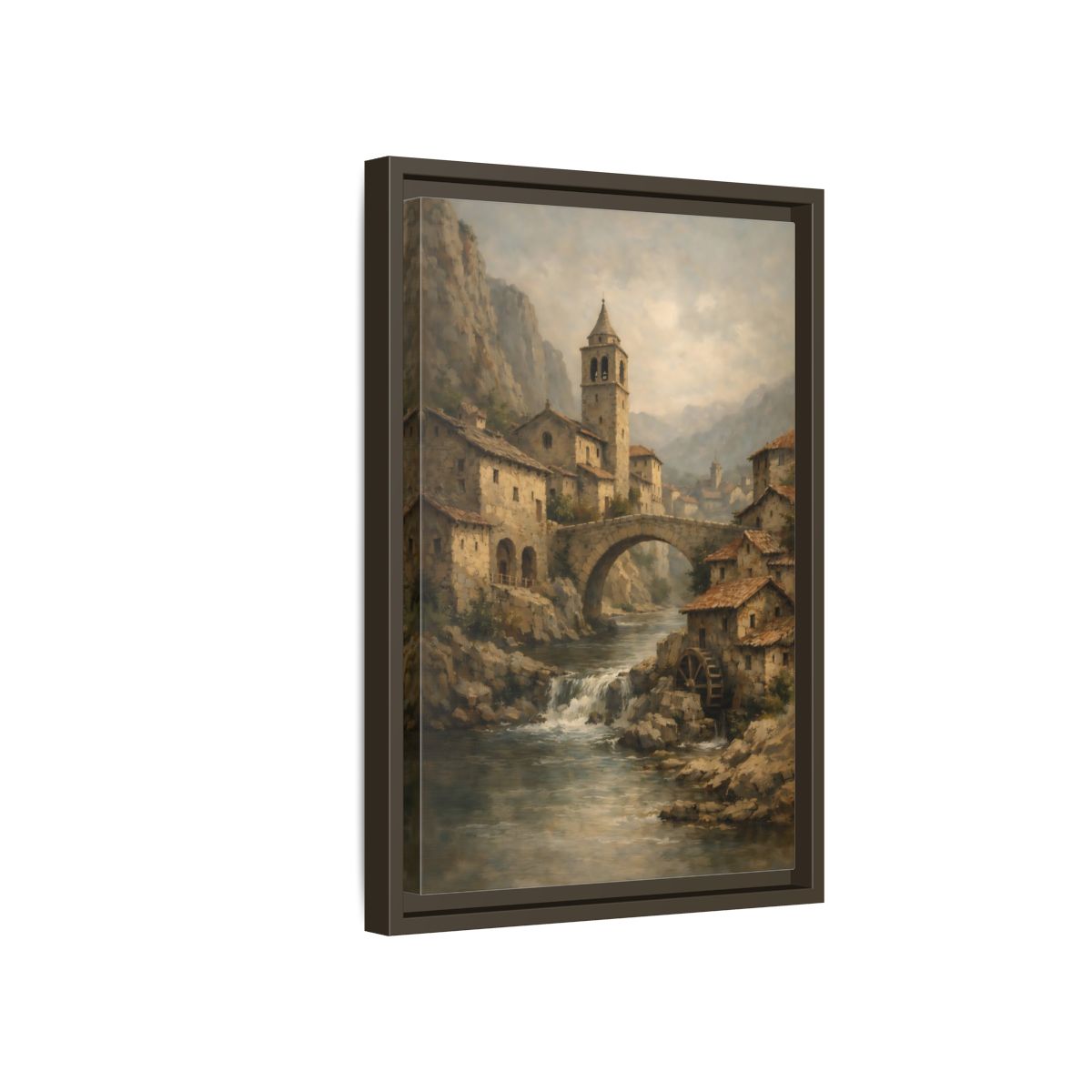Side Mockup 5. Vintage Mountain Village Rustic Village shown as stretched canvas wall art