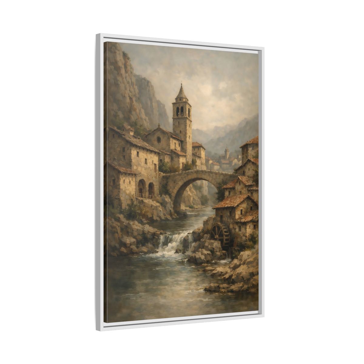 Side Mockup 9. Vintage Mountain Village Rustic Village shown as stretched canvas wall art