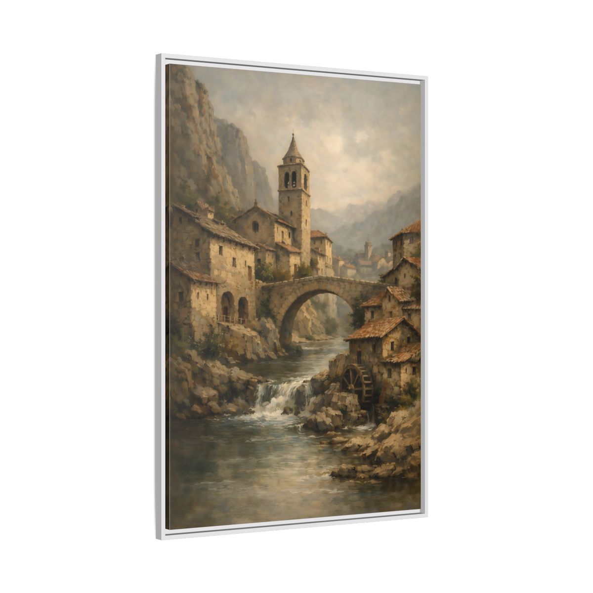 Side Mockup 7. Vintage Mountain Village Rustic Village shown as stretched canvas wall art
