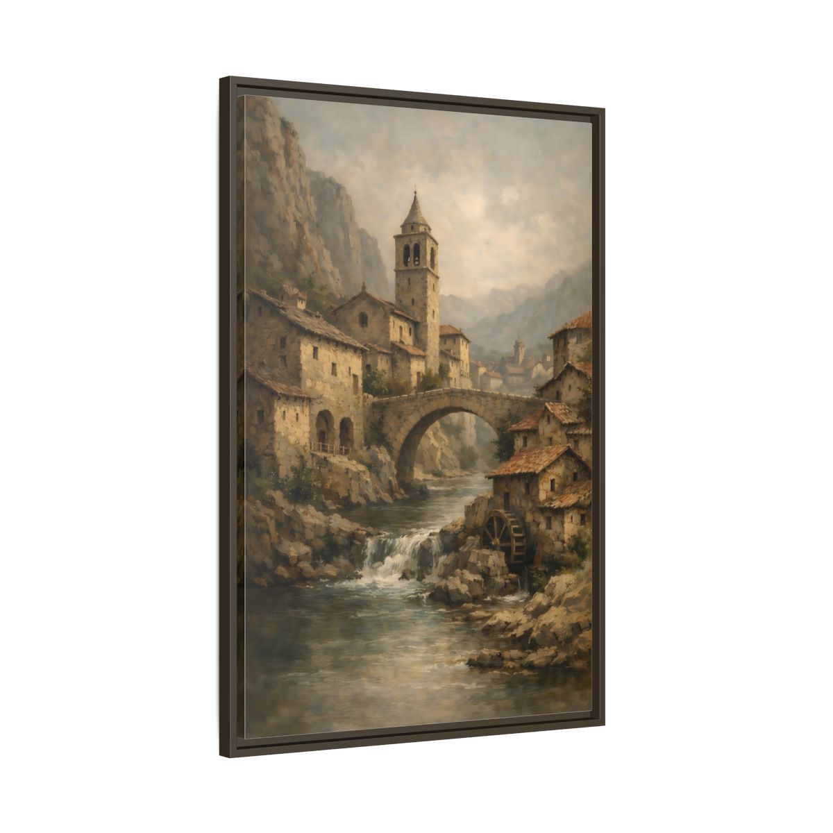 Side Mockup 10. Vintage Mountain Village Rustic Village shown as stretched canvas wall art