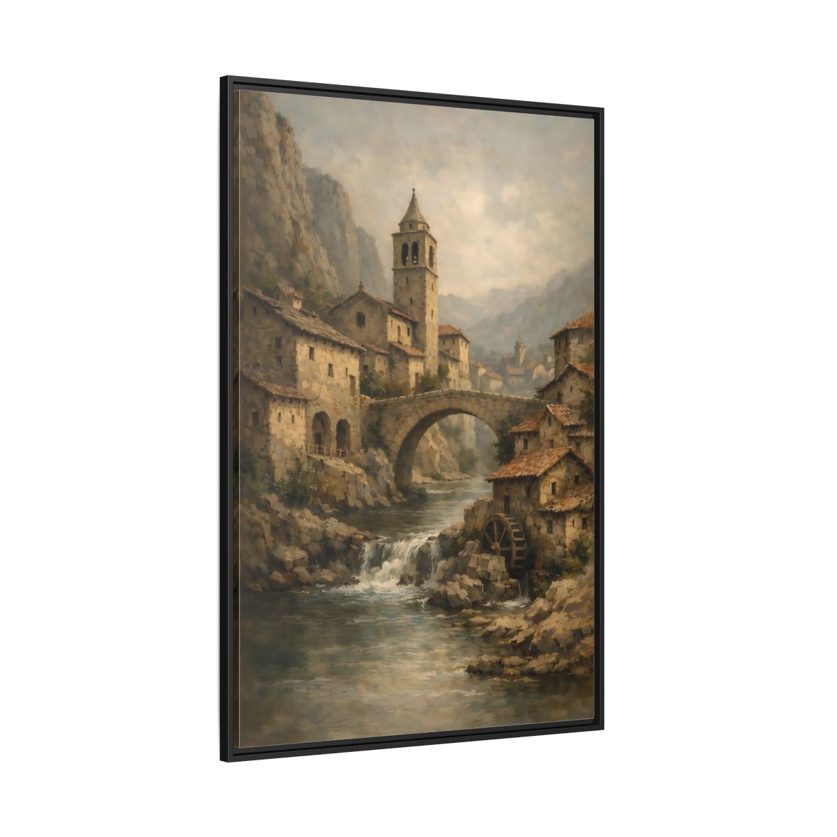 Main Mockup. Vintage Mountain Village Rustic Village shown as stretched canvas wall art