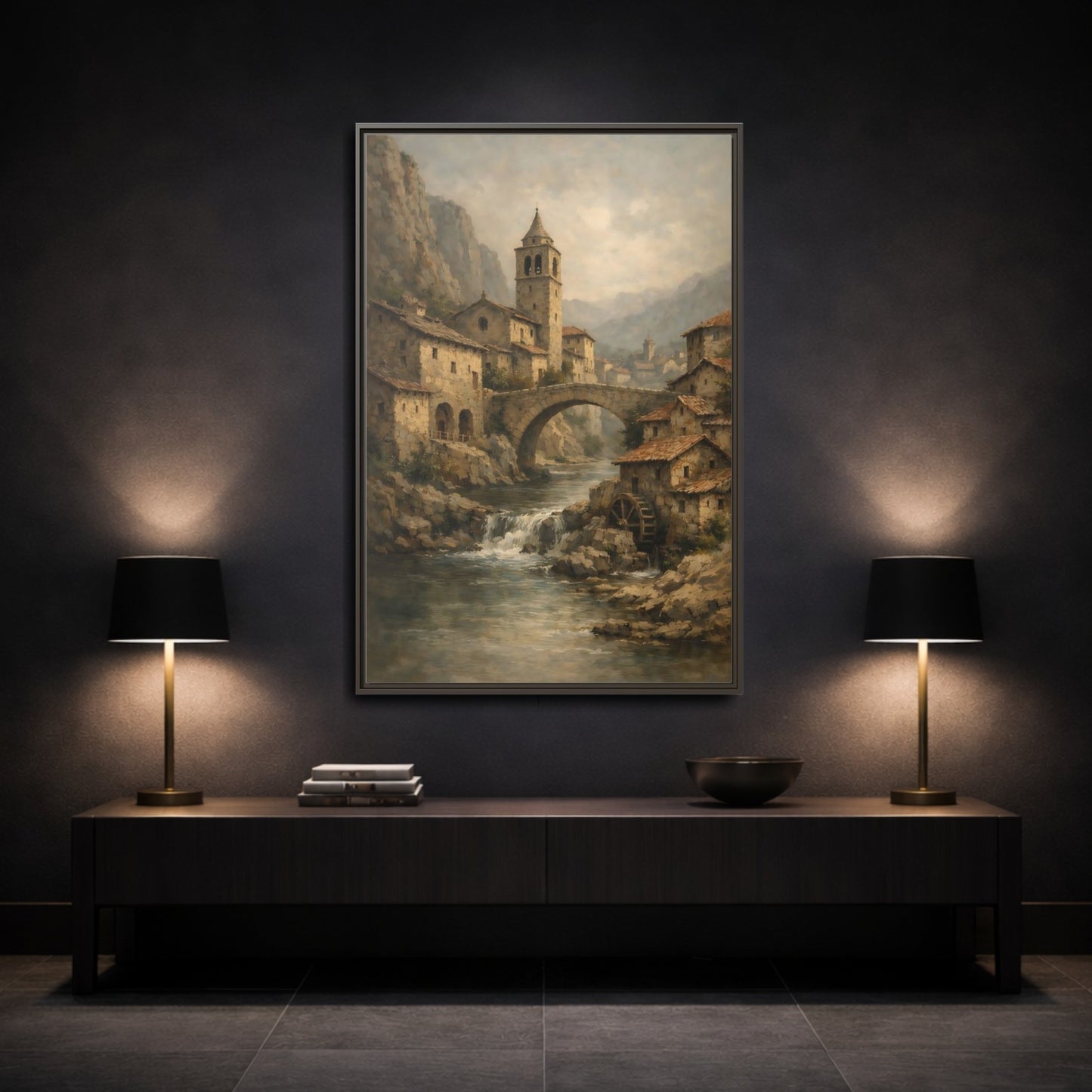 Mockup 2. Vintage Mountain Village Rustic Village shown as stretched canvas wall art