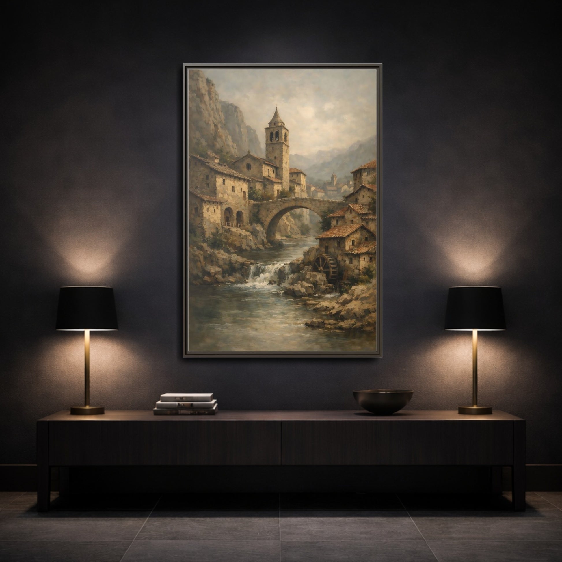 Mockup 2. Vintage Mountain Village Rustic Village shown as stretched canvas wall art
