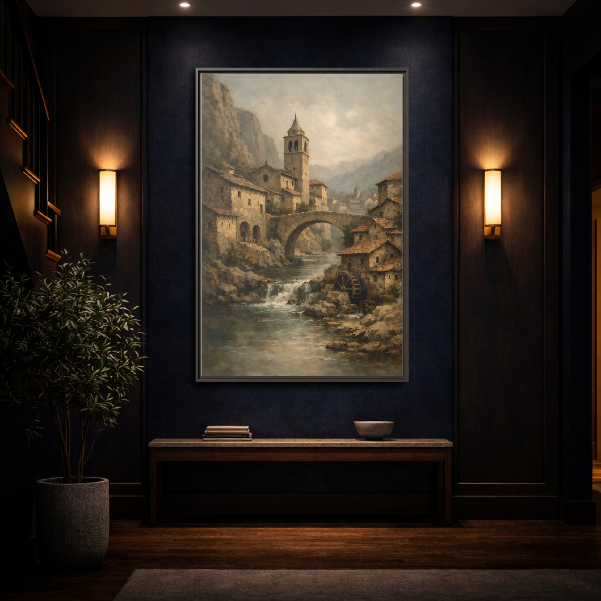 Mockup 3. Vintage Mountain Village Rustic Village shown as stretched canvas wall art