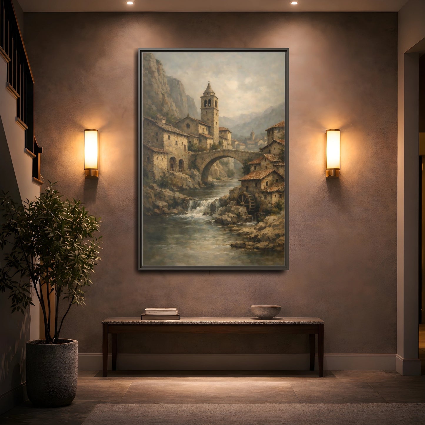 Mockup 4. Vintage Mountain Village Rustic Village shown as stretched canvas wall art