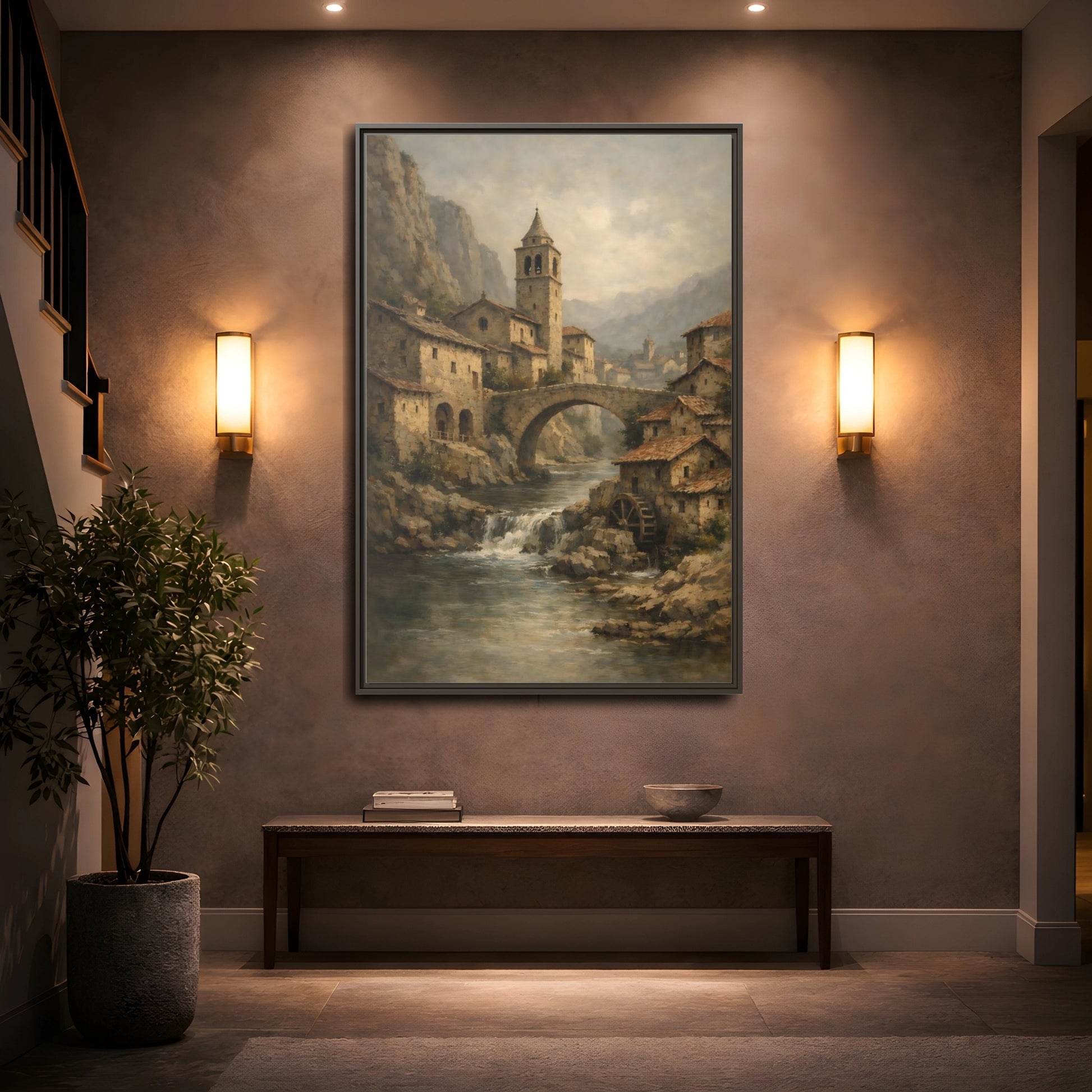Mockup 4. Vintage Mountain Village Rustic Village shown as stretched canvas wall art